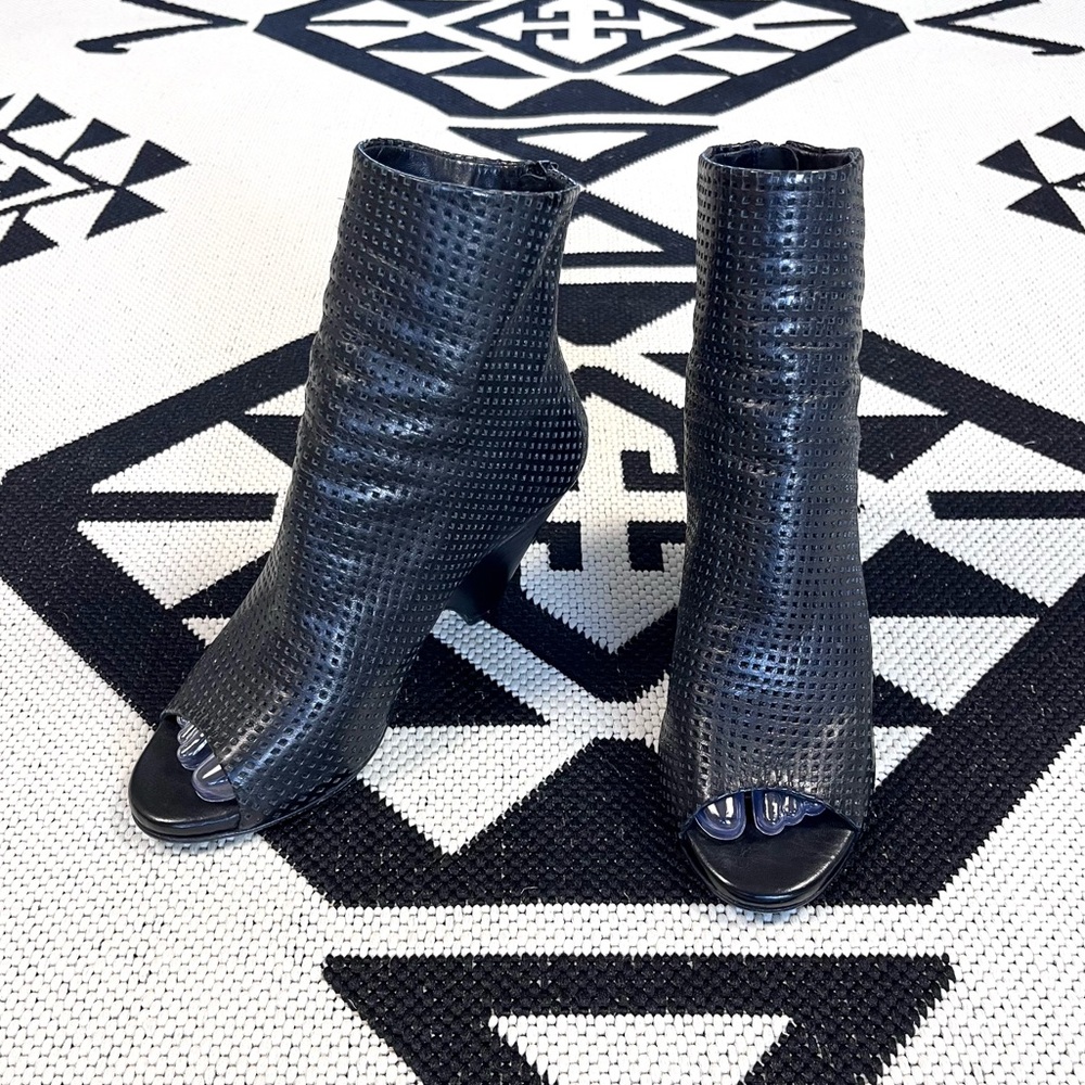 The Last Conspiracy Black Perforated Leather Wedge Open Toe Ankle Boots Size 7